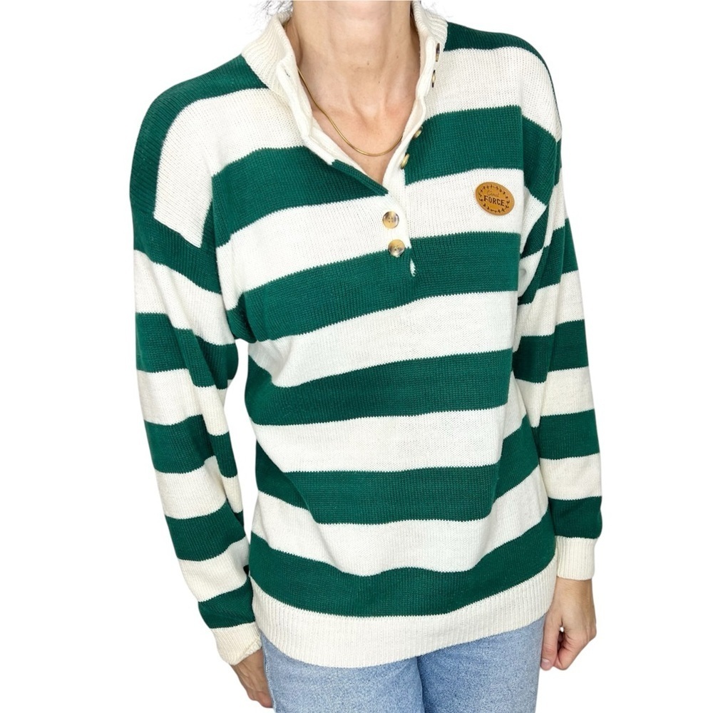 Vintage 90s preppy collegiate green beige stripe buttoned mock neck sweater 34